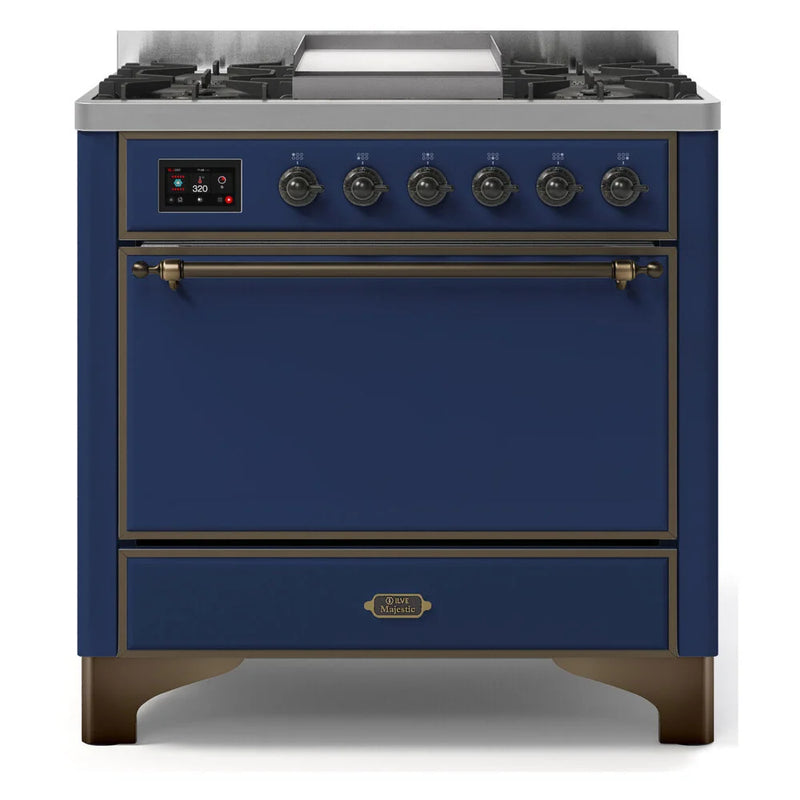 ILVE Majestic II 36" Dual Fuel Freestanding Range in Midnight Blue with Burnished Trim, UM09FDQNS3MBB