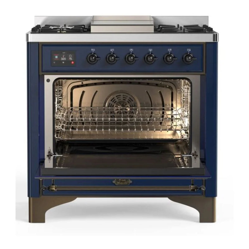 ILVE Majestic II 36" Dual Fuel Freestanding Range in Midnight Blue with Burnished Trim, UM09FDQNS3MBB