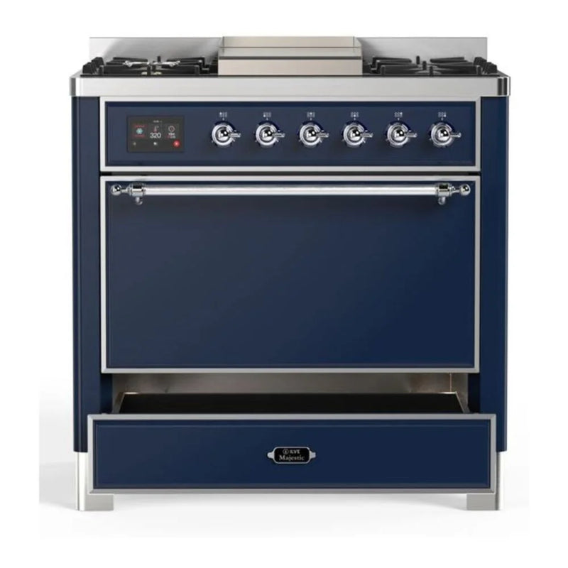ILVE Majestic II 36" Dual Fuel Freestanding Range in Midnight Blue with Chrome Trim, UM09FDQNS3MBCLP
