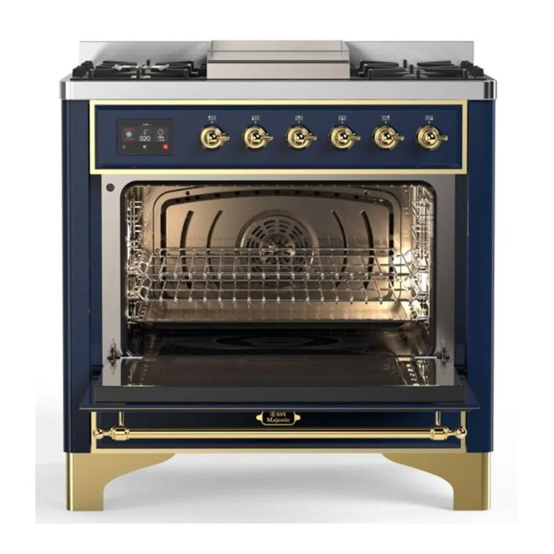 ILVE Majestic II 36" Dual Fuel Freestanding Range in Midnight Blue with Brass Trim, UM09FDQNS3MBG