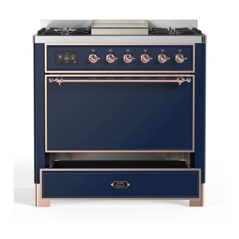 ILVE Majestic II 36" Dual Fuel Freestanding Range in Midnight Blue with Copper Trim, UM09FDQNS3MBPLP