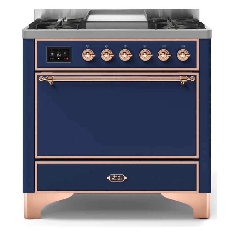 ILVE Majestic II 36" Dual Fuel Freestanding Range in Midnight Blue with Copper Trim, UM09FDQNS3MBP