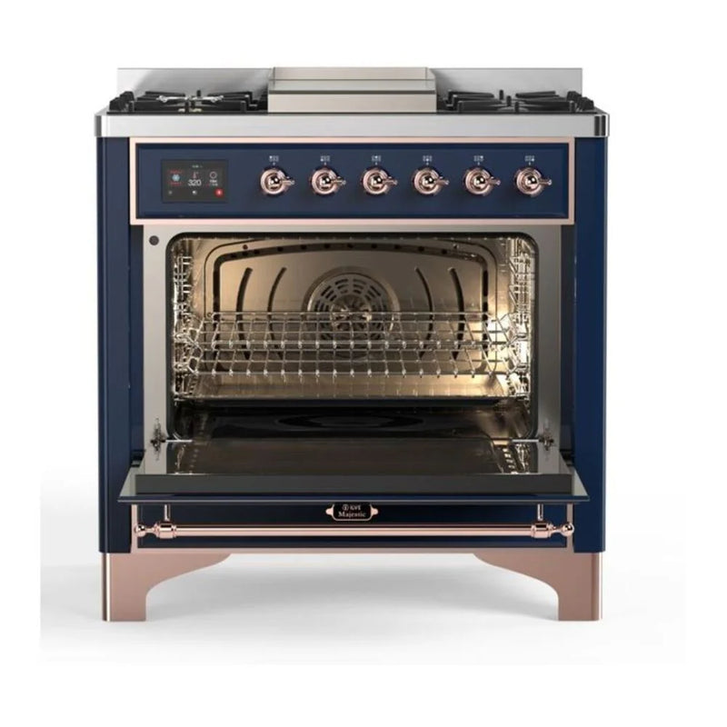 ILVE Majestic II 36" Dual Fuel Freestanding Range in Midnight Blue with Copper Trim, UM09FDQNS3MBP