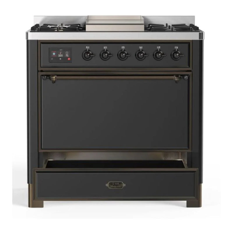 ILVE Majestic II 36" Dual Fuel Freestanding Range in Graphite Matte with Burnished Trim, UM09FDQNS3MGB