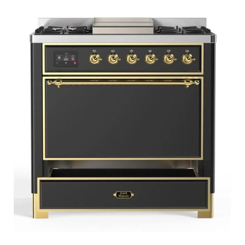 ILVE Majestic II 36" Dual Fuel Freestanding Range in Graphite Matte with Brass Trim, UM09FDQNS3MGGLP