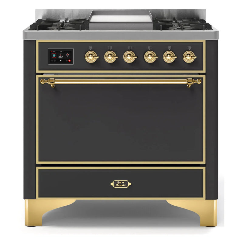 ILVE Majestic II 36" Dual Fuel Freestanding Range in Graphite Matte with Brass Trim, UM09FDQNS3MGG