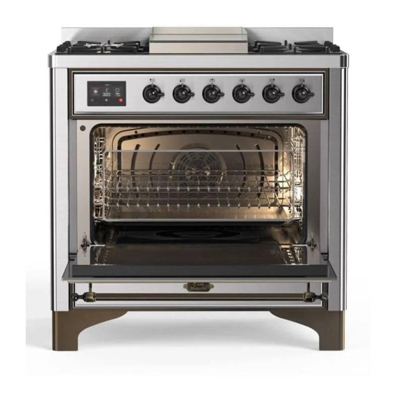 ILVE Majestic II 36" Dual Fuel Freestanding Range in Stainless Steel with Burnished Trim, UM09FDQNS3SSBLP