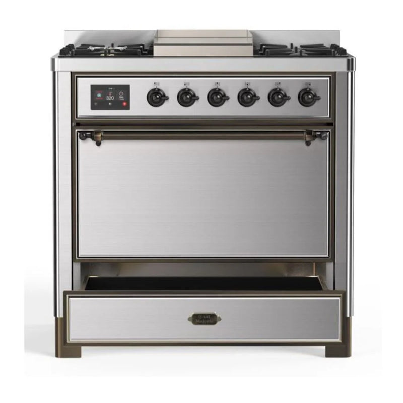ILVE Majestic II 36" Dual Fuel Freestanding Range in Stainless Steel with Burnished Trim, UM09FDQNS3SSB