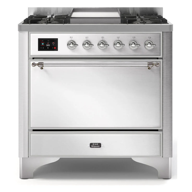 ILVE Majestic II 36" Dual Fuel Freestanding Range in Stainless Steel with Chrome Trim, UM09FDQNS3SSCLP