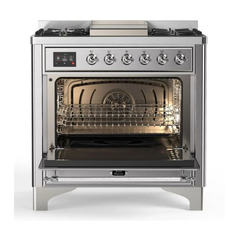 ILVE Majestic II 36" Dual Fuel Freestanding Range in Stainless Steel with Chrome Trim, UM09FDQNS3SSCLP