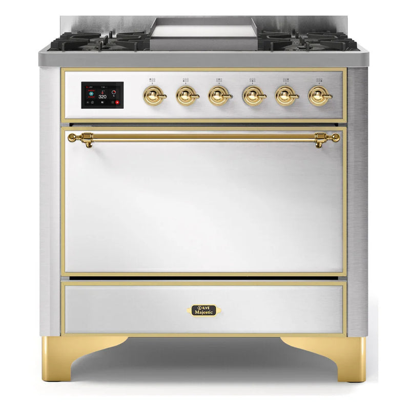 ILVE Majestic II 36" Dual Fuel Freestanding Range in Stainless Steel with Brass Trim, UM09FDQNS3SSG