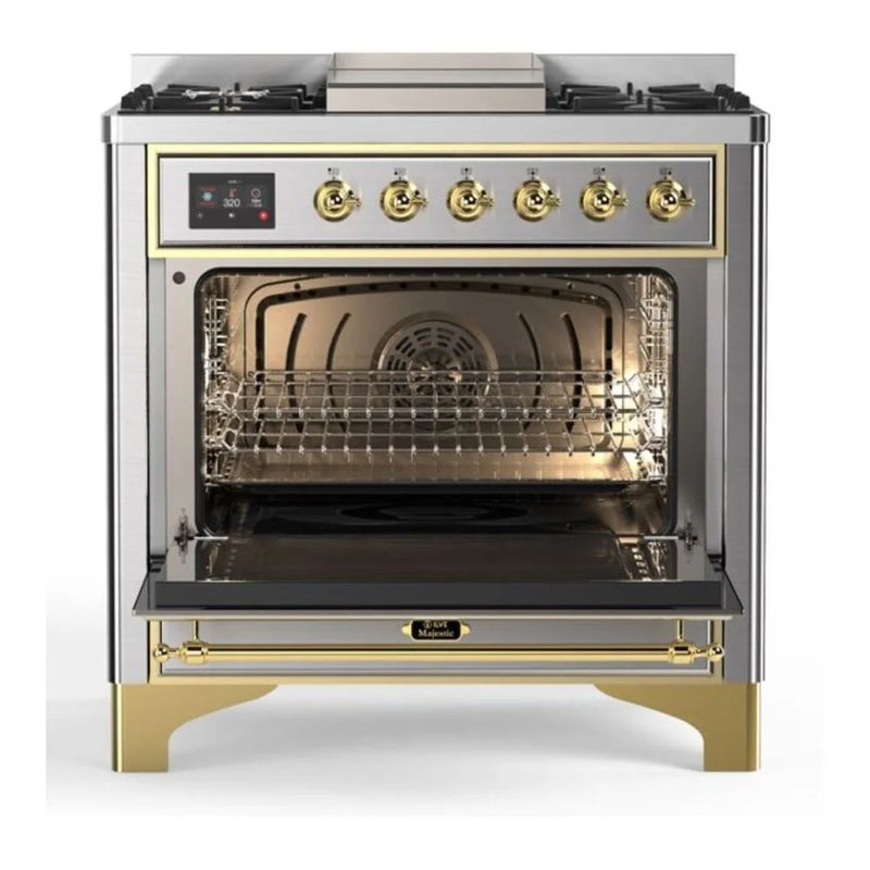 ILVE Majestic II 36" Dual Fuel Freestanding Range in Stainless Steel with Brass Trim, UM09FDQNS3SSG