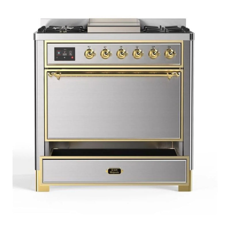 ILVE Majestic II 36" Dual Fuel Freestanding Range in Stainless Steel with Brass Trim, UM09FDQNS3SSG