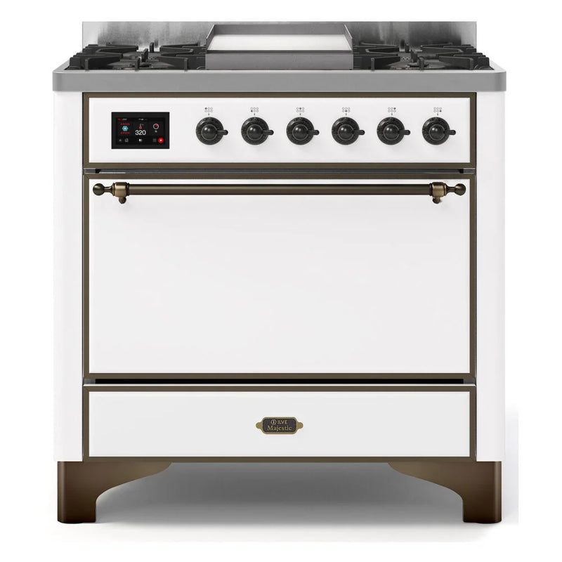 ILVE Majestic II 36" Dual Fuel Freestanding Range in White with Burnished Trim, UM09FDQNS3WHBLP