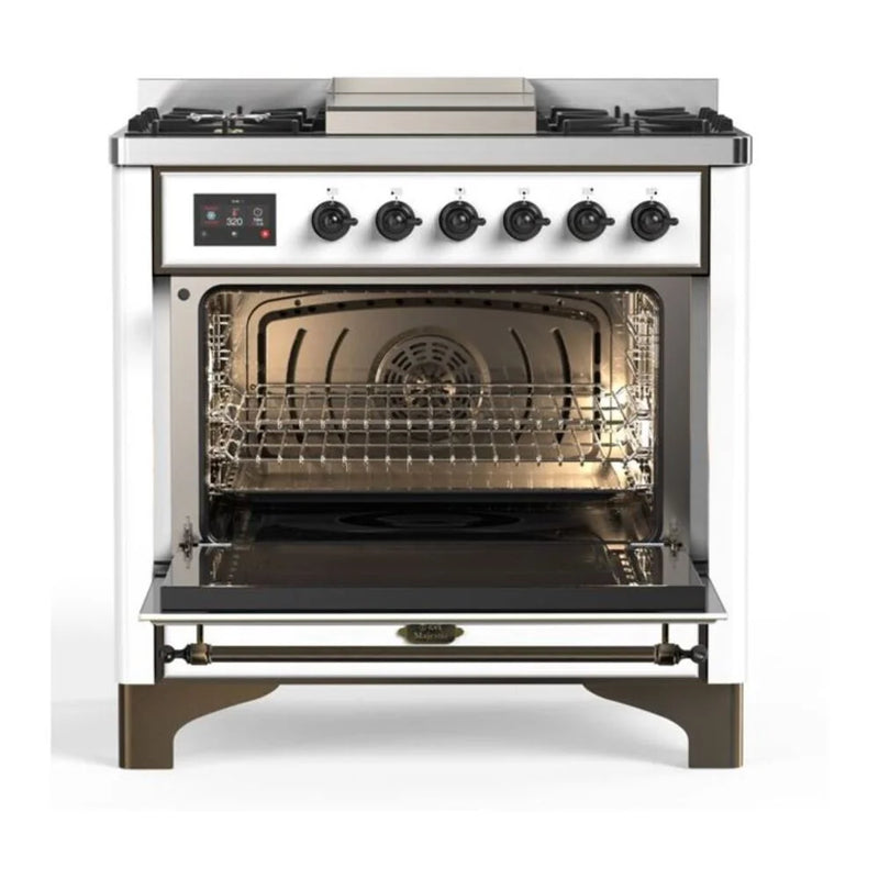 ILVE Majestic II 36" Dual Fuel Freestanding Range in White with Burnished Trim, UM09FDQNS3WHB
