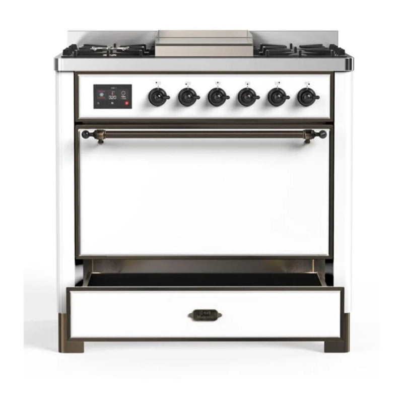 ILVE Majestic II 36" Dual Fuel Freestanding Range in White with Burnished Trim, UM09FDQNS3WHB