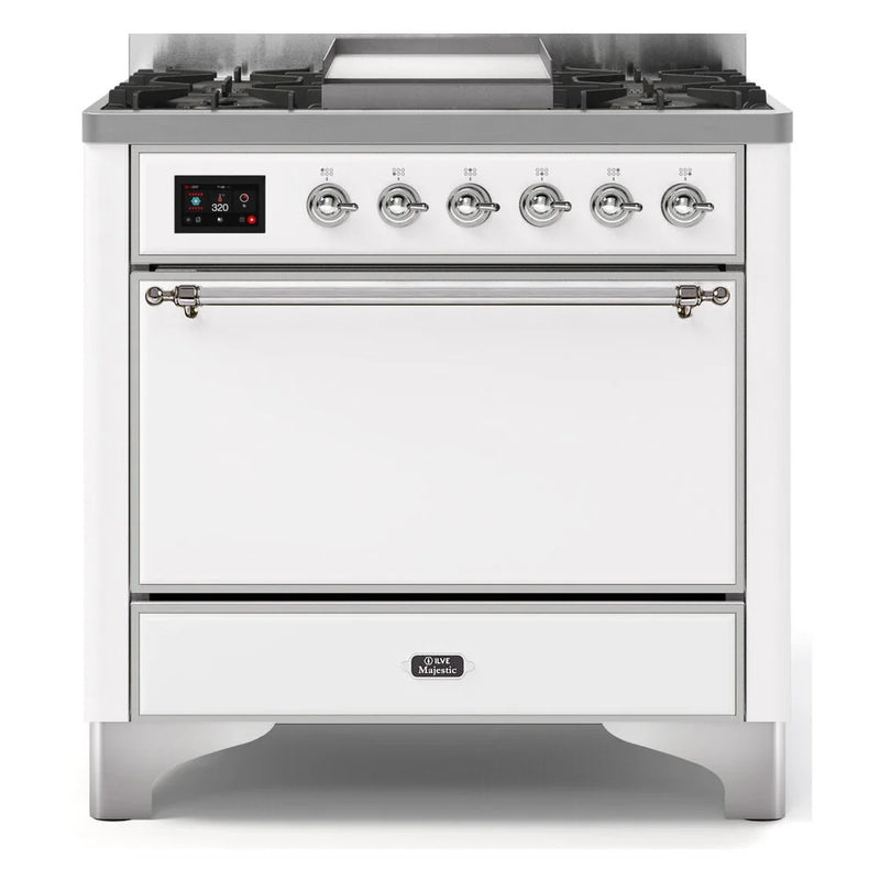 ILVE Majestic II 36" Dual Fuel Freestanding Range in White with Chrome Trim, UM09FDQNS3WHC