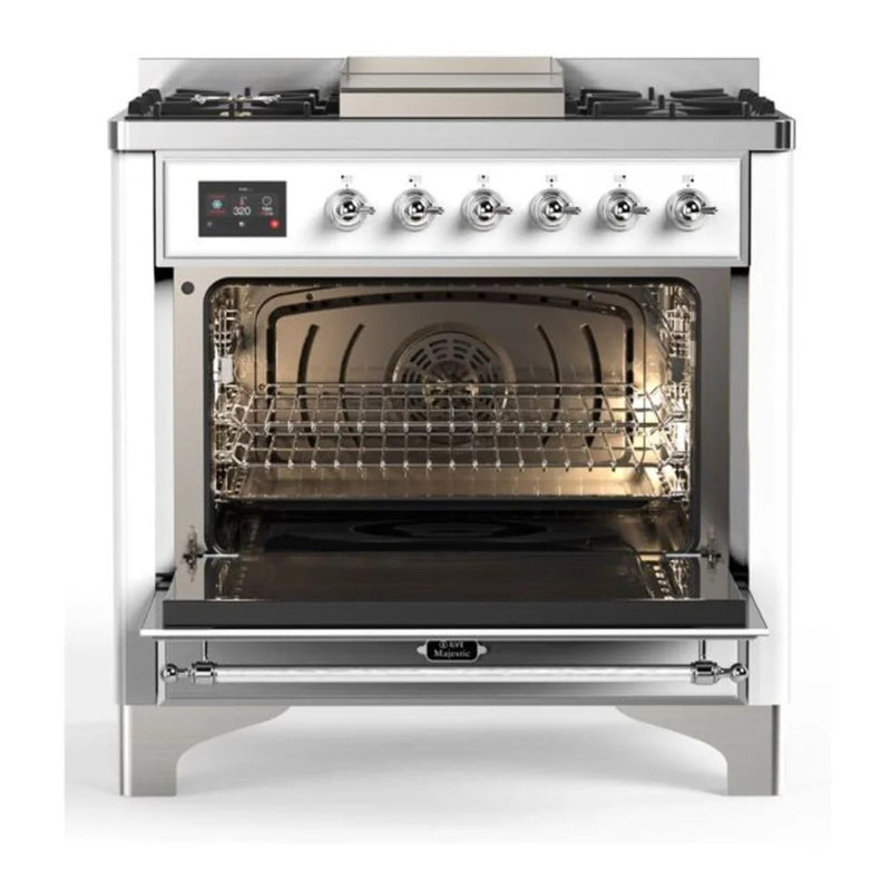 ILVE Majestic II 36" Dual Fuel Freestanding Range in White with Chrome Trim, UM09FDQNS3WHC
