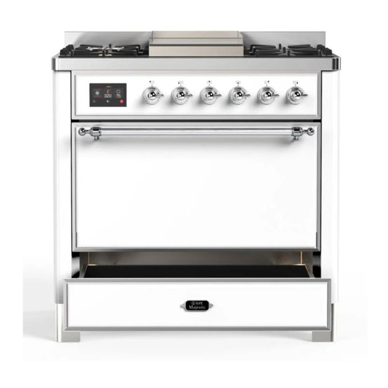ILVE Majestic II 36" Dual Fuel Freestanding Range in White with Chrome Trim, UM09FDQNS3WHC