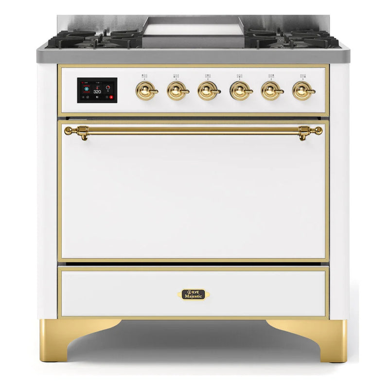 ILVE Majestic II 36" Dual Fuel Freestanding Range in White with Brass Trim, UM09FDQNS3WHGLP