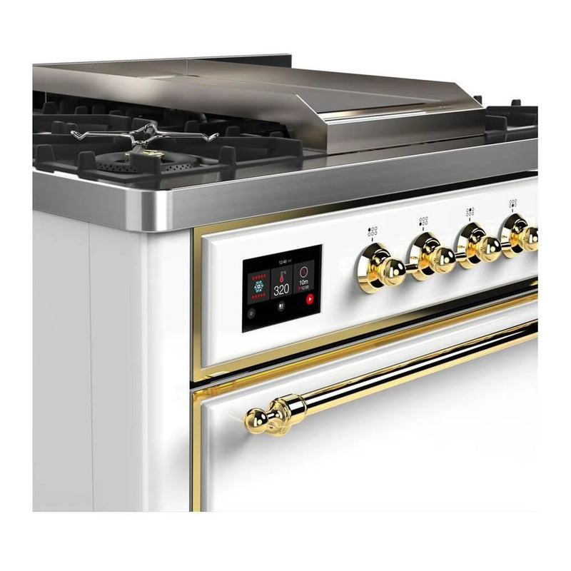 ILVE Majestic II 36" Dual Fuel Freestanding Range in White with Brass Trim, UM09FDQNS3WHGLP