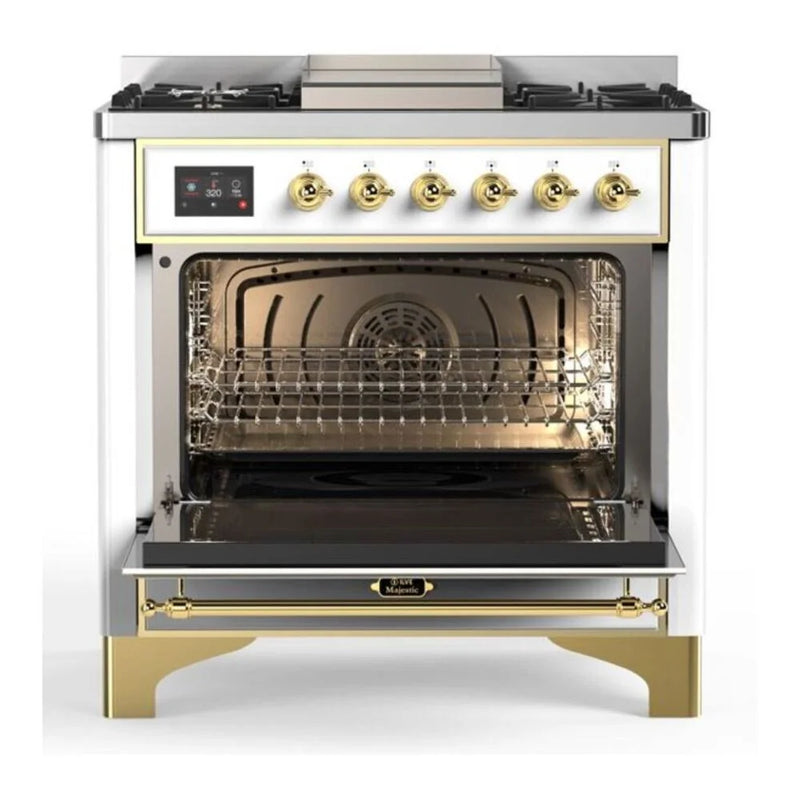 ILVE Majestic II 36" Dual Fuel Freestanding Range in White with Brass Trim, UM09FDQNS3WHG
