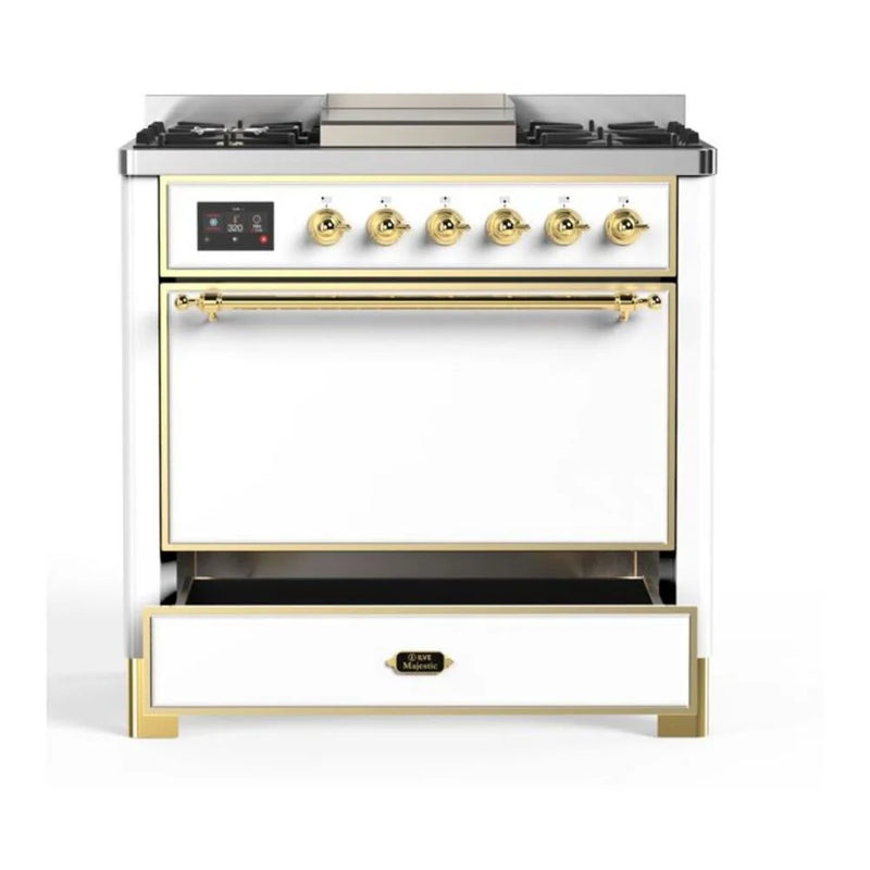 ILVE Majestic II 36" Dual Fuel Freestanding Range in White with Brass Trim, UM09FDQNS3WHG