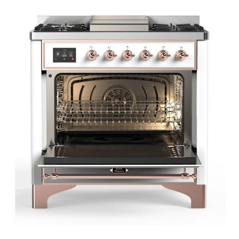 ILVE Majestic II 36" Dual Fuel Freestanding Range in White with Copper Trim, UM09FDQNS3WHPLP