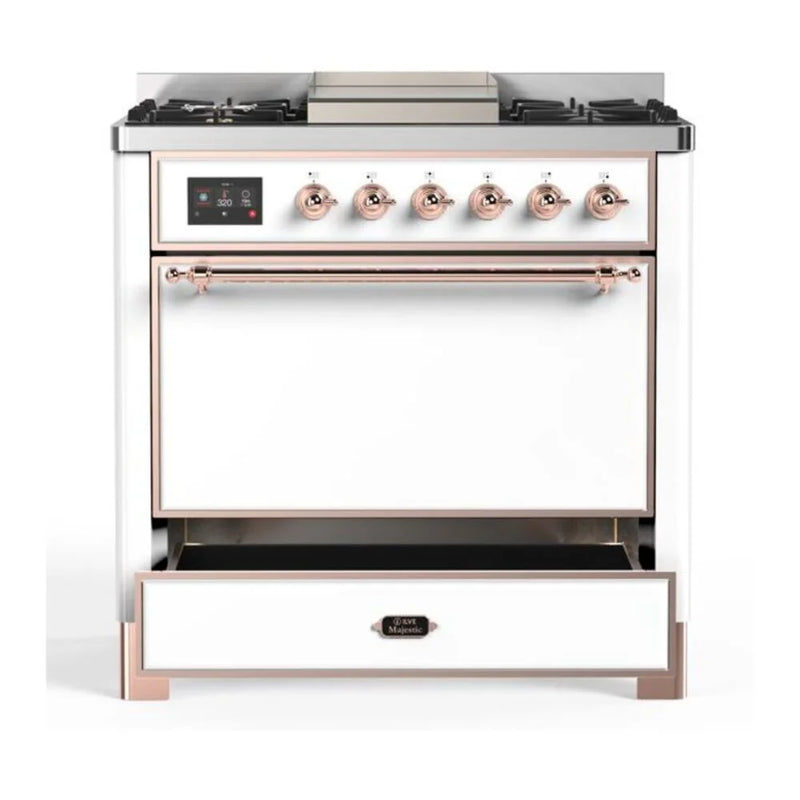 ILVE Majestic II 36" Dual Fuel Freestanding Range in White with Copper Trim, UM09FDQNS3WHPLP