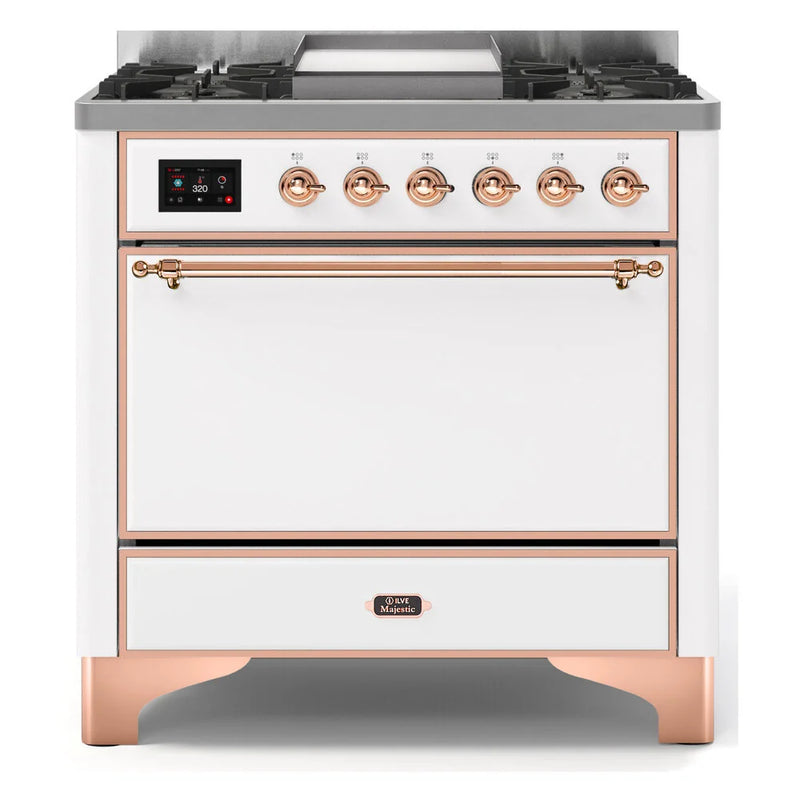 ILVE Majestic II 36" Dual Fuel Freestanding Range in White with Copper Trim, UM09FDQNS3WHP