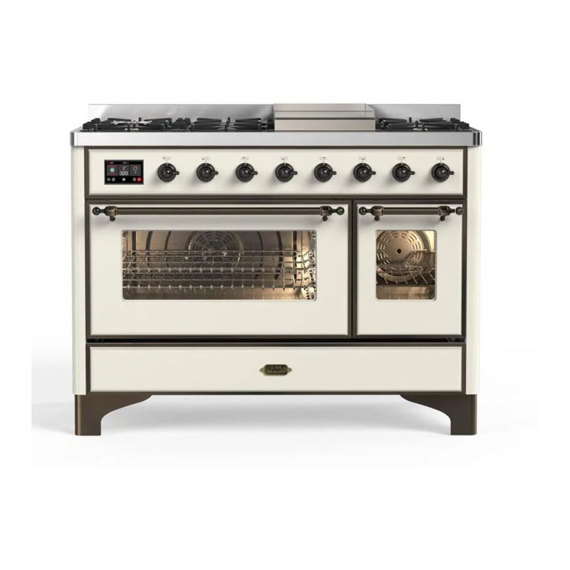 ILVE Majestic II 48" Dual Fuel Freestanding Range in Antique White with Burnished Trim, UM12FDNS3AWBLP