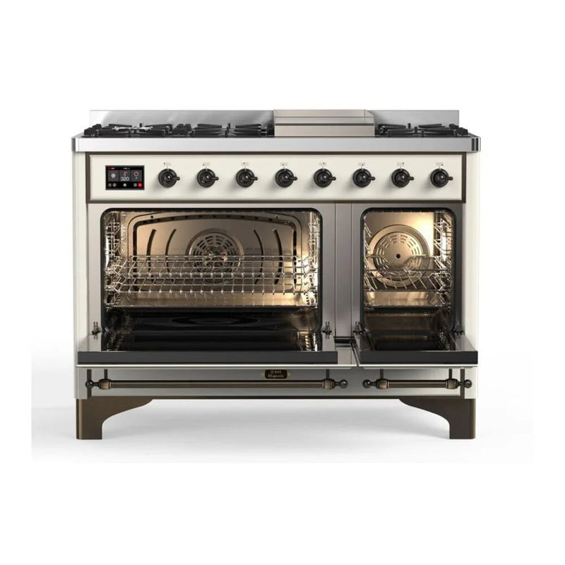 ILVE Majestic II 48" Dual Fuel Freestanding Range in Antique White with Burnished Trim, UM12FDNS3AWBLP