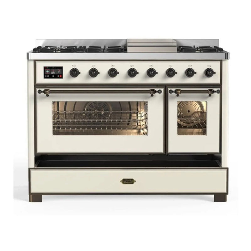 ILVE Majestic II 48" Dual Fuel Freestanding Range in Antique White with Burnished Trim, UM12FDNS3AWBLP