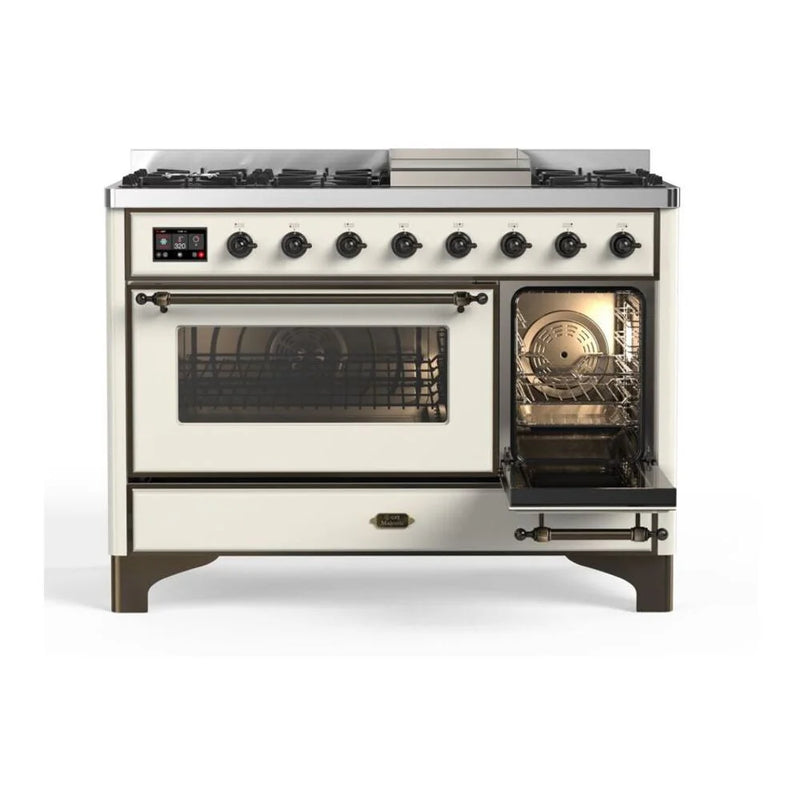 ILVE Majestic II 48" Dual Fuel Freestanding Range in Antique White with Burnished Trim, UM12FDNS3AWB