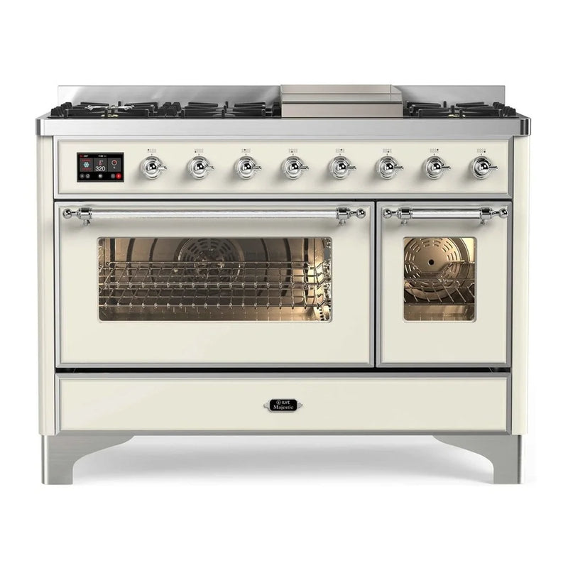 ILVE Majestic II 48" Dual Fuel Freestanding Range in Antique White with Chrome Trim, UM12FDNS3AWCLP