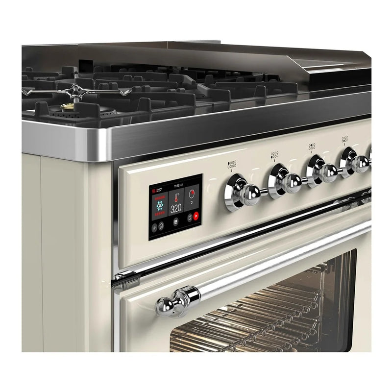 ILVE Majestic II 48" Dual Fuel Freestanding Range in Antique White with Chrome Trim, UM12FDNS3AWCLP