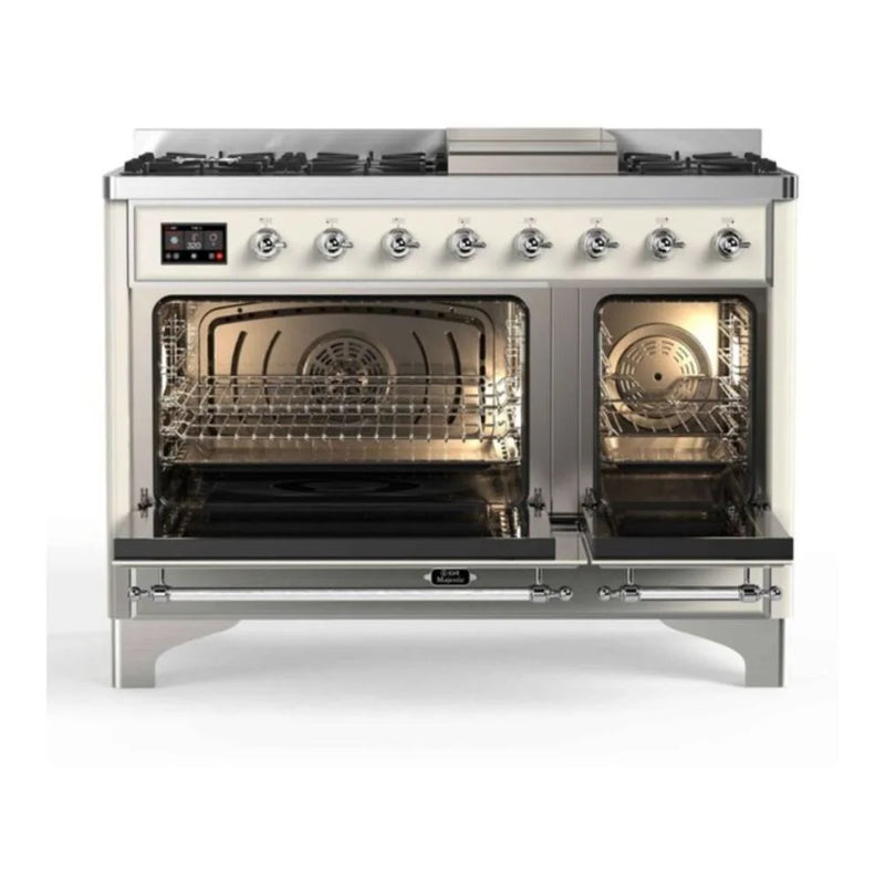 ILVE Majestic II 48" Dual Fuel Freestanding Range in Antique White with Chrome Trim, UM12FDNS3AWC