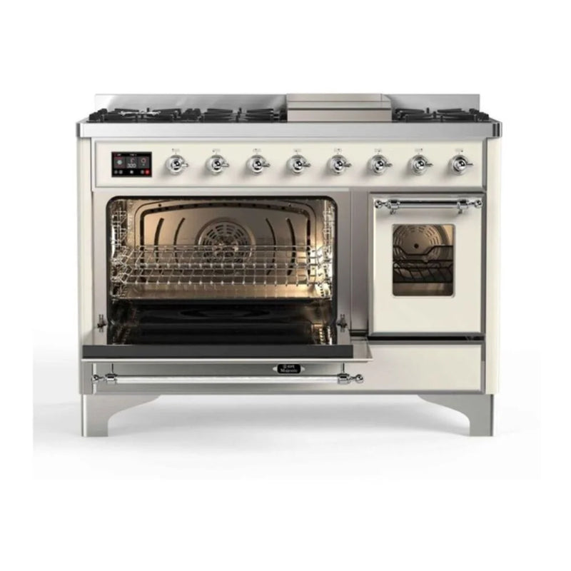 ILVE Majestic II 48" Dual Fuel Freestanding Range in Antique White with Chrome Trim, UM12FDNS3AWC