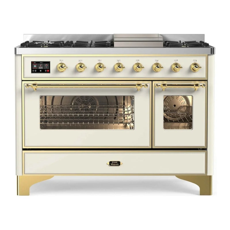 ILVE Majestic II 48" Dual Fuel Freestanding Range in Antique White with Brass Trim, UM12FDNS3AWGLP