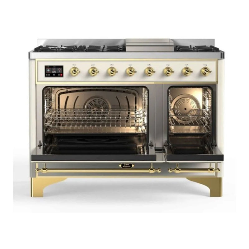 ILVE Majestic II 48" Dual Fuel Freestanding Range in Antique White with Brass Trim, UM12FDNS3AWGLP