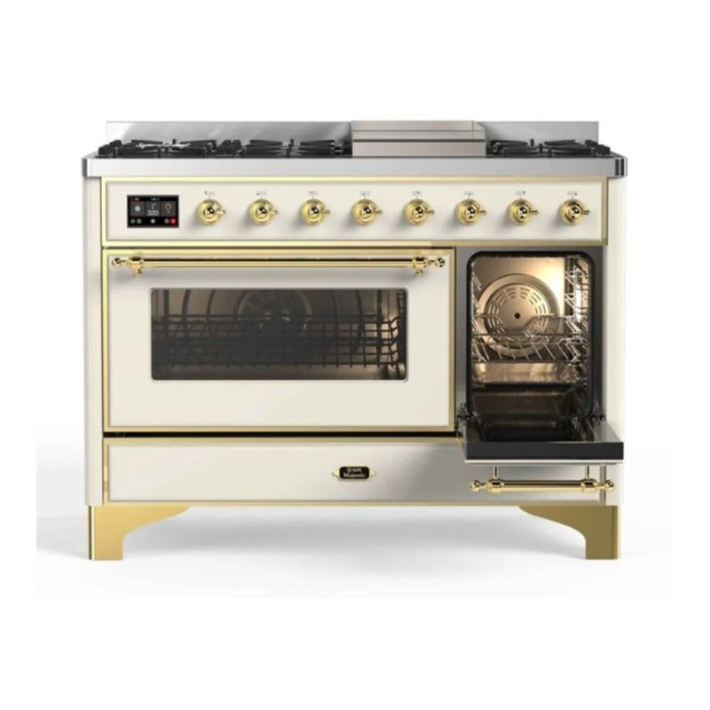 ILVE Majestic II 48" Dual Fuel Freestanding Range in Antique White with Brass Trim, UM12FDNS3AWGLP