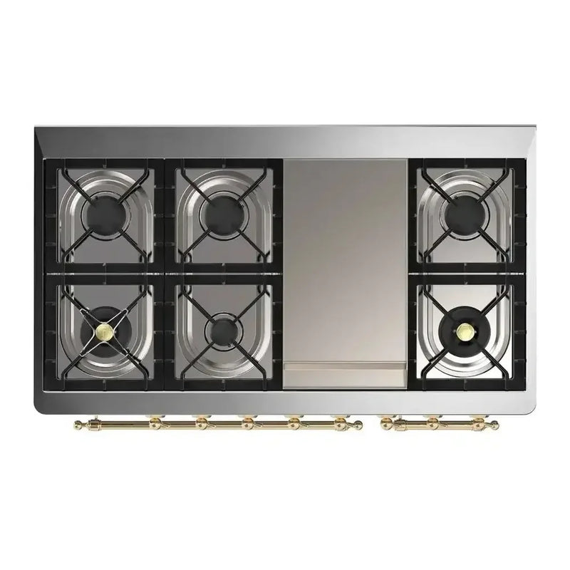 ILVE Majestic II 48" Dual Fuel Freestanding Range in Antique White with Brass Trim, UM12FDNS3AWGLP