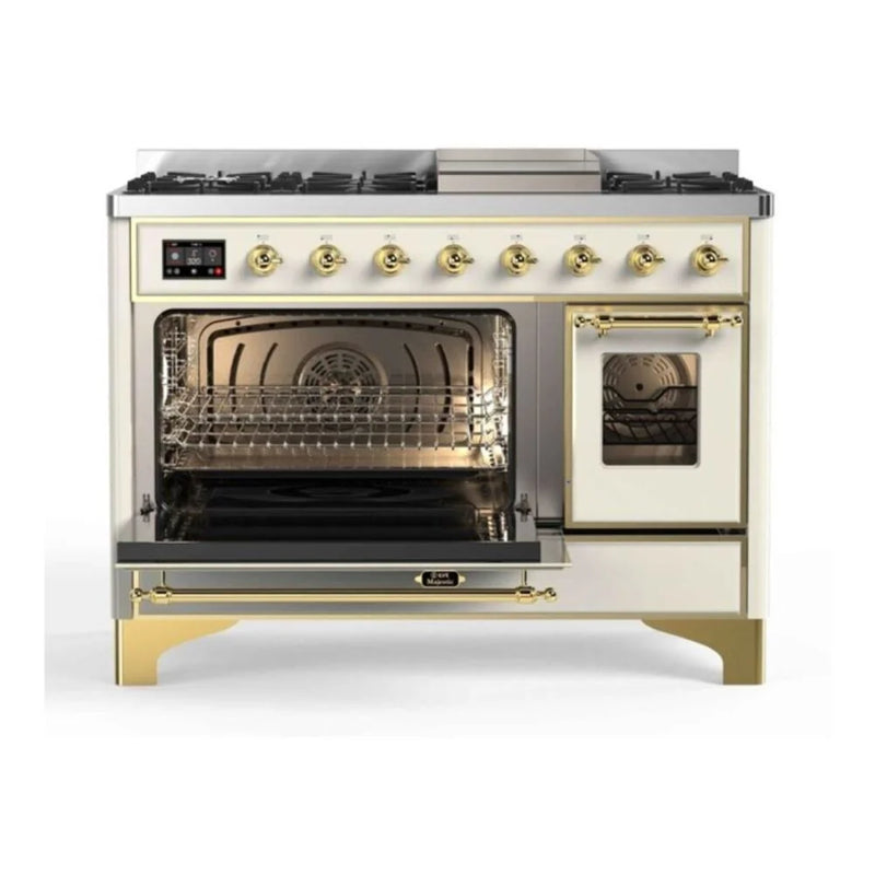 ILVE Majestic II 48" Dual Fuel Freestanding Range in Antique White with Brass Trim, UM12FDNS3AWG
