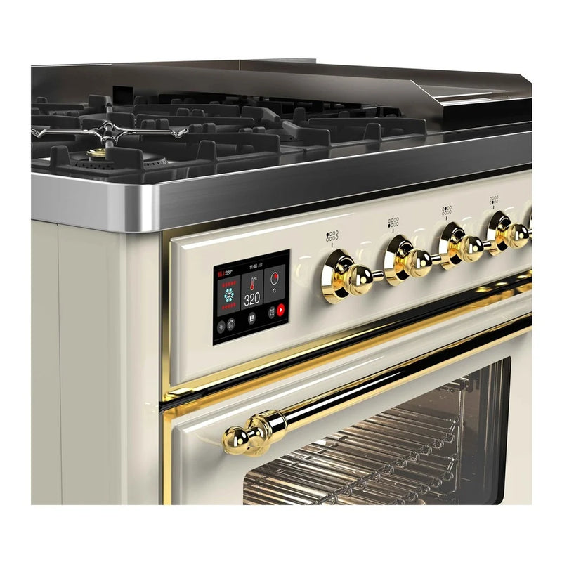 ILVE Majestic II 48" Dual Fuel Freestanding Range in Antique White with Brass Trim, UM12FDNS3AWG
