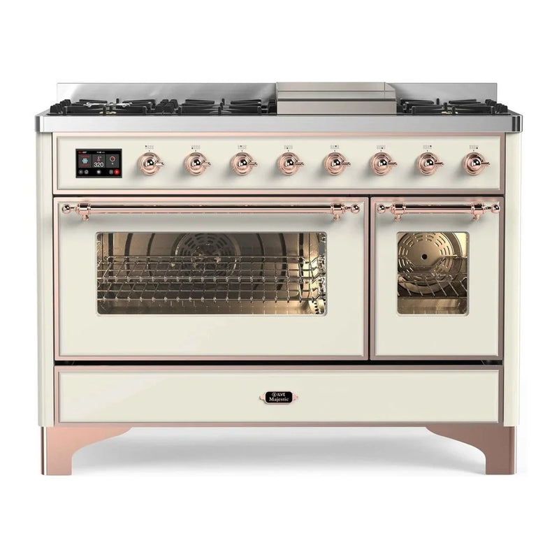 ILVE Majestic II 48" Dual Fuel Freestanding Range in Antique White with Copper Trim, UM12FDNS3AWP