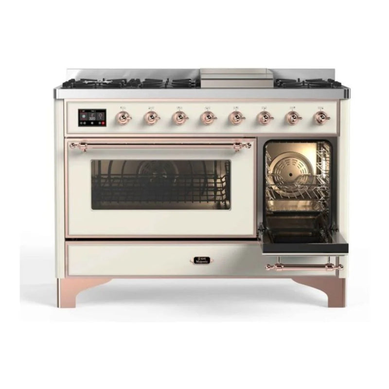 ILVE Majestic II 48" Dual Fuel Freestanding Range in Antique White with Copper Trim, UM12FDNS3AWP