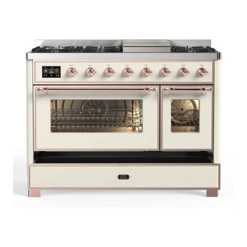ILVE Majestic II 48" Dual Fuel Freestanding Range in Antique White with Copper Trim, UM12FDNS3AWP