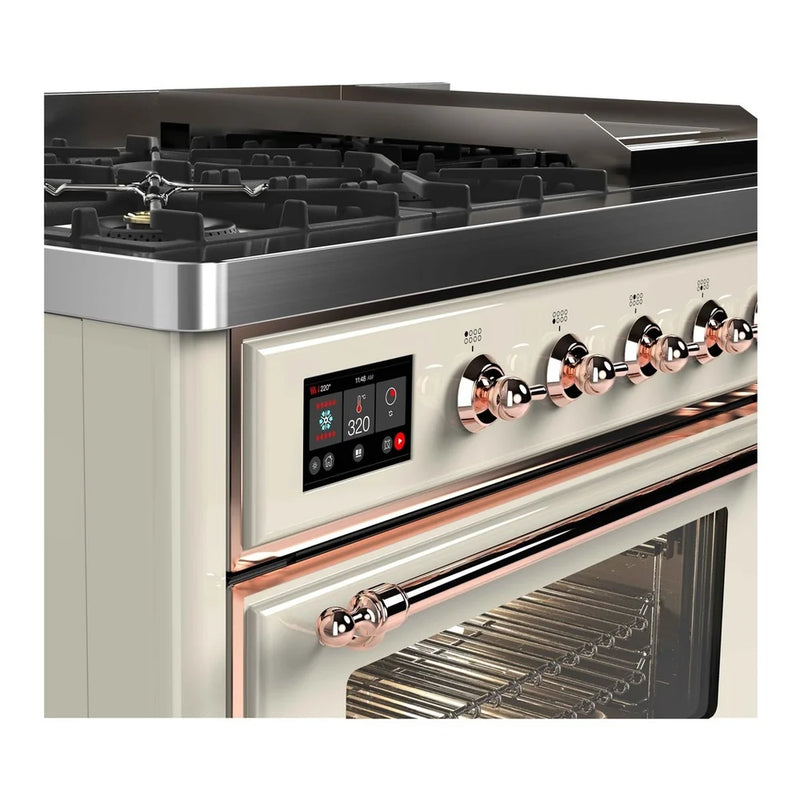 ILVE Majestic II 48" Dual Fuel Freestanding Range in Antique White with Copper Trim, UM12FDNS3AWP
