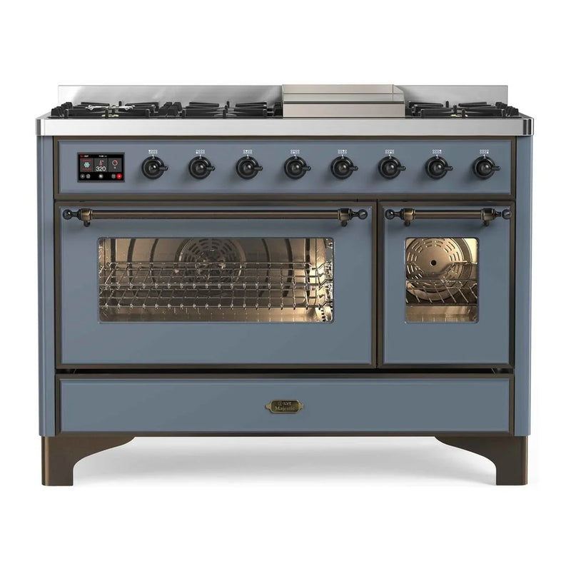 ILVE Majestic II 48" Dual Fuel Freestanding Range in Blue Grey with Burnished Trim, UM12FDNS3BGB