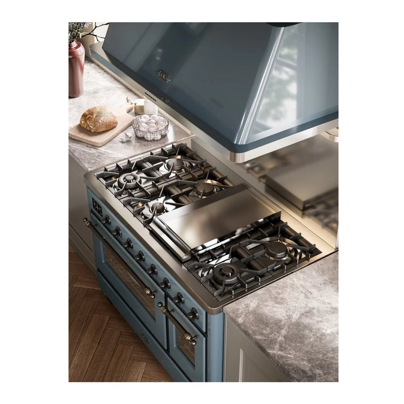 ILVE Majestic II 48" Dual Fuel Freestanding Range in Blue Grey with Burnished Trim, UM12FDNS3BGB